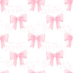 pink bows and abstract spots. Watercolor seamless pattern on white background in pastel colors for textile and wrapping paper. Cute illustration for Valentine's Day