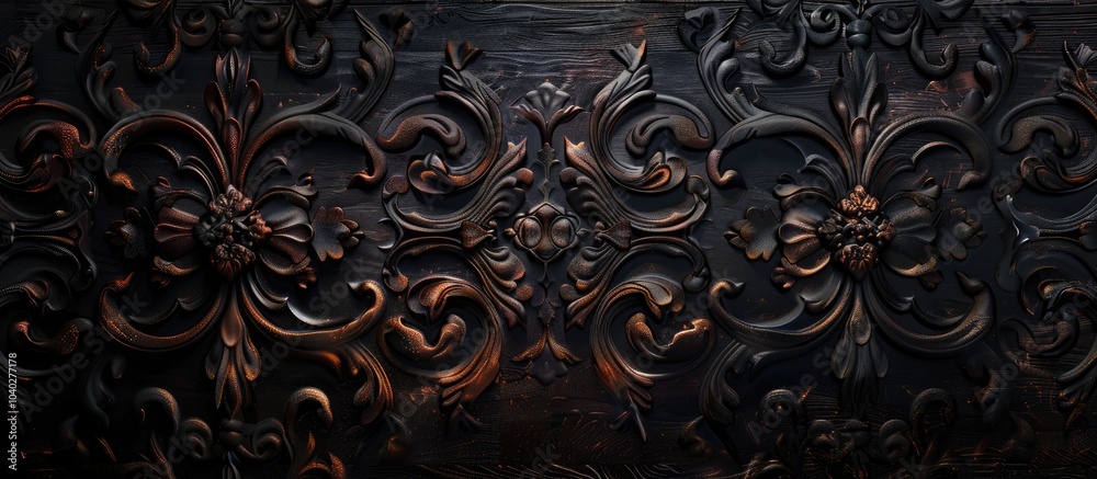 Wall mural a dark textured wood surface with an antique pattern for a background ideal for showcasing copy spac
