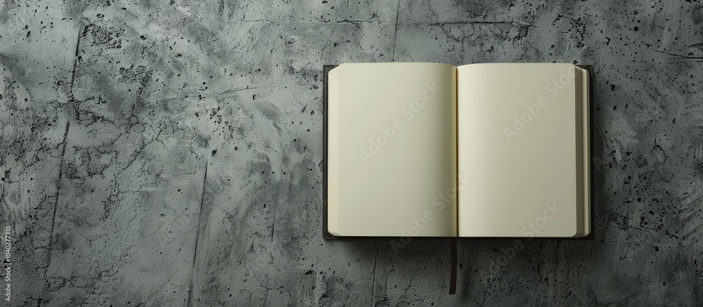 Poster top view of an open notebook on a grey textured surface perfect for design with copy space image