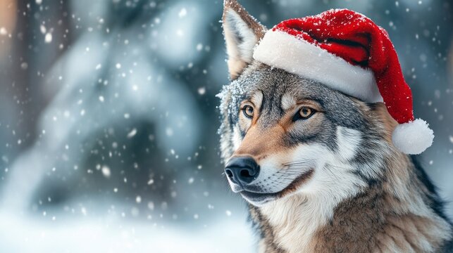 A wolf wearing a Santa hat is standing in the snow