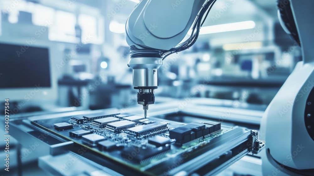 Aufkleber a robotic arm conducting precision soldering of advanced microchips in a clean, high-tech semiconduc