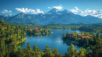 Naklejka premium beautiful view with mountains, lakes and forests as the background