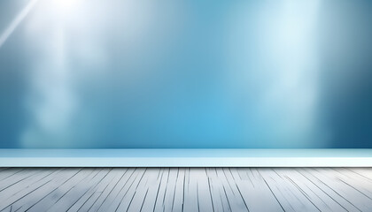 Panoramic abstract blue background for product presentation with sunlight and blurred shadows wall. Winter background.