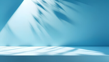 Panoramic abstract blue background for product presentation with sunlight and blurred shadows wall. Winter background.