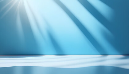 Panoramic abstract blue background for product presentation with sunlight and blurred shadows wall. Winter background.