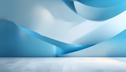 Panoramic abstract blue background for product presentation with sunlight and blurred shadows wall. Winter background.