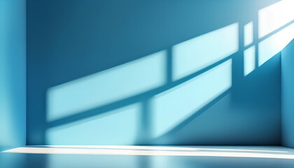 Panoramic abstract blue background for product presentation with sunlight and blurred shadows wall. Winter background.