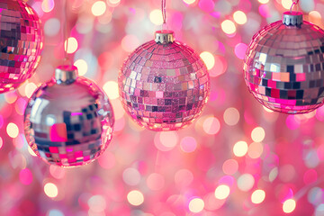 A reflective disco ball hangs against a vibrant background of pink, blue, and purple bokeh lights
