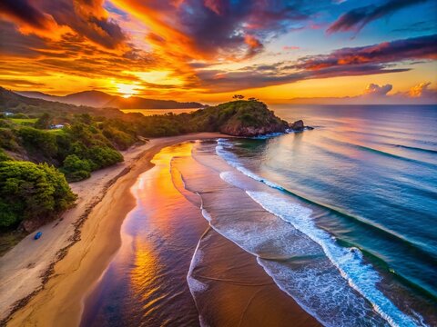 Stunning Drone Photography of El Lastron Beach at Sunset for Breathtaking Landscapes and Coastal Views