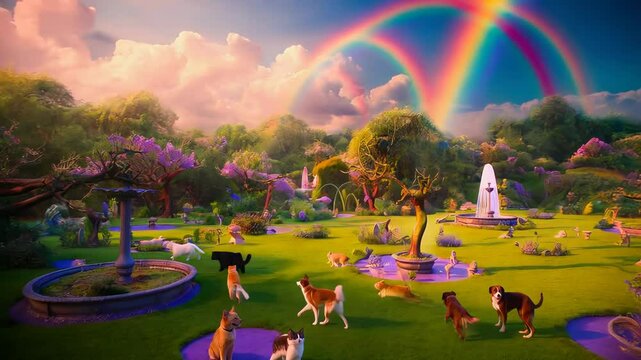 A fantasy paradise for dogs and cats where pets run and play in a beautiful Eden garden populated by ethereal clouds, rainbow bridges, and heavenly sunshine. The idea of an afterlife for animals.