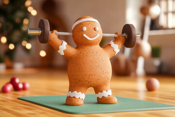 Gingerbread Man Lifting Weights in a Home Gym, Post-Holiday Fitness Motivation