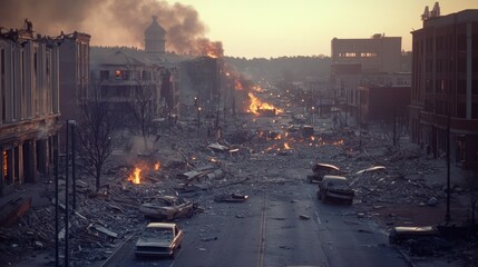 City view of destroyed buildings apocalyptic horror damaged cars background wallpaper AI generated image