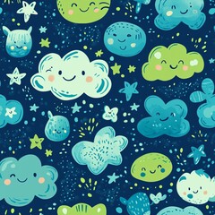 pattern featuring whimsical doodles of smiling clouds, quirky animals, and playful stars in shades of blue and green,