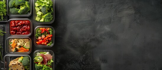 Glass containers with various healthy meals arranged neatly on a black table in a flat lay composition providing ample copy space image