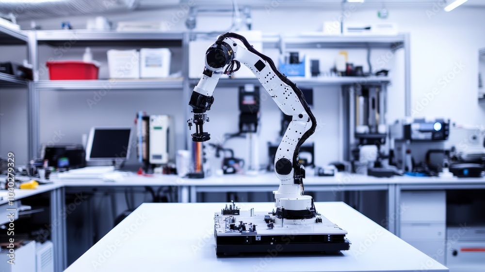 Poster a robotic arm handling complex robotic assembly tasks in a clean, futuristic robotics lab with vario