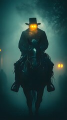 Fototapeta premium Mysterious Rider in Fog with Glowing Eyes