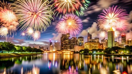 Fototapeta premium Stunning Firework Display Over City Skyline at Night - Celebrate with Beautiful Colors and Patterns