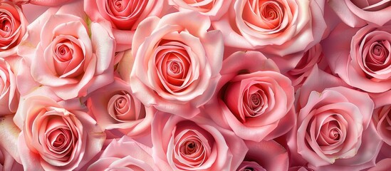 Fototapeta premium Close up top view of bright pink roses in a fresh bouquet creating a smooth floral background perfect for a greeting card design template with ample copy space image at a florist shop