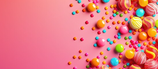 Colorful candies arranged on a vibrant backdrop with space for text or graphics creating a visually captivating copy space image