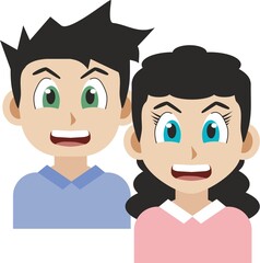 Japanese manga style illustration of a smiling young adult boy with girlfriend front view. Anime style image isolated on white background