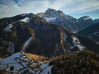 Aerial view of Dolomite Alps and Mount Civetta in early winter, Italy