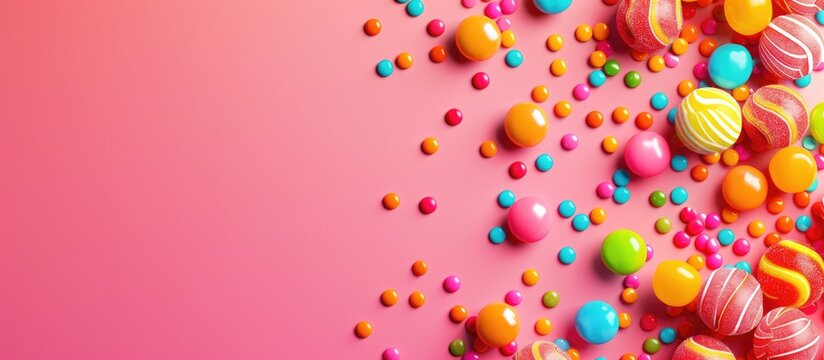 Colorful candies arranged on a vibrant backdrop with space for text or graphics creating a visually captivating copy space image