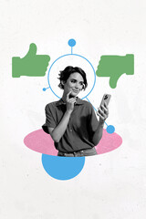 Vertical poster collage young thoughtful girl social media blogger reaction feedback thumb up down...