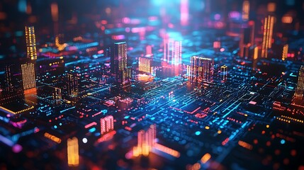 Abstract Futuristic City with Neon Lights