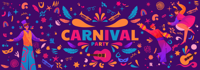 People on carnival. Music art poster, brazil street party with happy girl on urban fiesta, samba holiday. Horizontal banner design with happy men and women. Vector cartoon isolated illustration