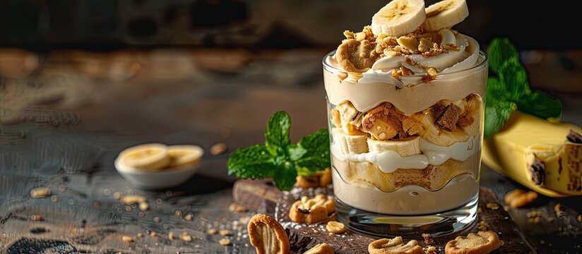 Copy space image of a layered parfait dessert on a glass cup showcasing banana pudding cookies and banana slices
