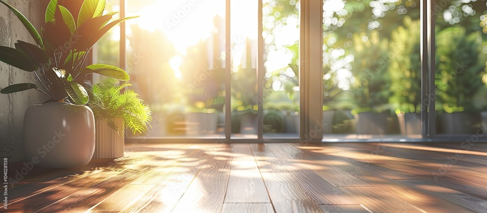 Wall mural A modern interior concept showcasing a sunlit room with tall windows parquet flooring and a blurred background suitable for a copy space image