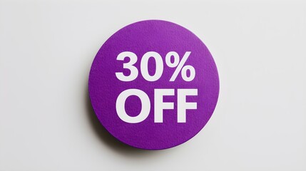 White '30% OFF' Text on a Purple Round Paper Note. White Background with Copy Space