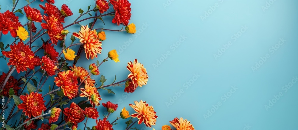 Canvas Prints chrysanthemum flowers crafted into a frame against a serene blue background with copy space image