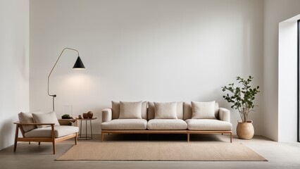 Elegant living room with beige sectional sofa, cream pillows, floor lamp, woven rug, and potted plant on light wood floor, bright minimalist decor.