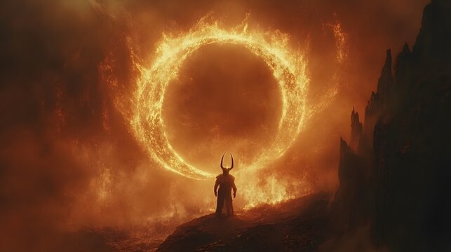 Mysterious figure standing in fiery portal