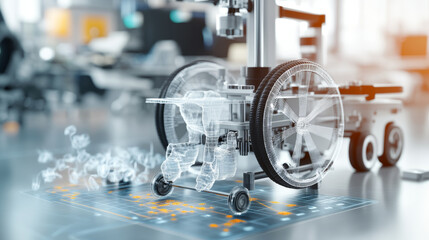 A futuristic wheelchair design is showcased, featuring transparent components and advanced technology. scene captures innovation in mobility solutions, emphasizing engineering and design