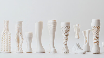 3D printed objects showcase innovative design and technology, featuring various shapes and structures. These white items highlight versatility of 3D printing in creating unique forms