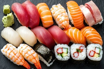 Delicious assortment of sushi rolls and sashimi on a slate platter, perfect for food enthusiasts.