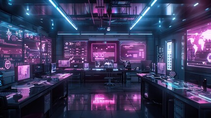 High-tech lab with glowing equipment and digital interfaces