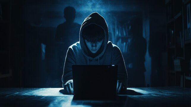 A chilling portrayal of the threat posed by online predators, with shadowy figures looming over a digital landscape threatening internet safety, particularly for vulnerable youths.