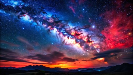 Naklejka premium Stunning Long Exposure Night Sky with Blue, Purple, Red Stars and Atmospheric Clouds in Light Red and Dark