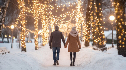 A couple walks hand in hand through snowy park adorned with twinkling lights, creating romantic and festive atmosphere. winter scene evokes warmth and joy amidst cold