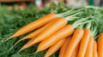 Bunches of fresh organic carrots for sale at a farmer's market