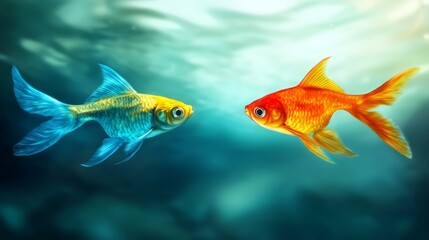 Fototapeta premium Dynamic fish icons gracefully swimming in opposite directions, symbolizing harmony and contrast, ideal for illustrating themes of balance and duality in design projects.