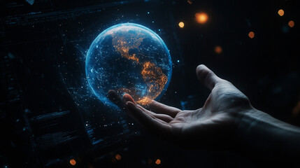 Primer plano de una mano sosteniendo un globo terr&aacute;queo sobre una pantalla contra un fondo oscuro.