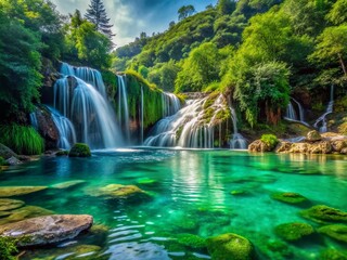 Fototapeta premium Stunning Low Light Photography of Crystal-clear Water Cascading Down Emerald Slopes in a Lush Greenery Landscape