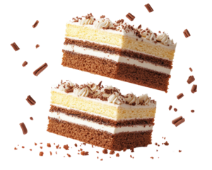  cake slices falling on transparent background
