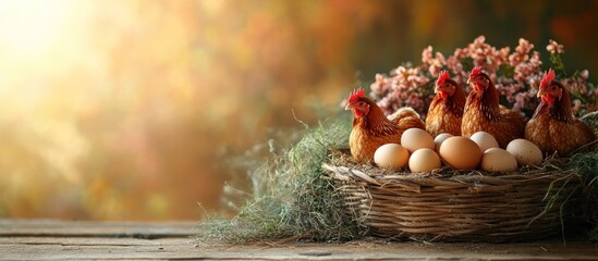 Hens in a Nest with Eggs