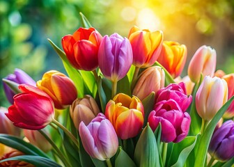Fototapeta premium Stunning Macro Photography of a Colorful Bouquet of Tulips in Full Bloom for Floral Enthusiasts