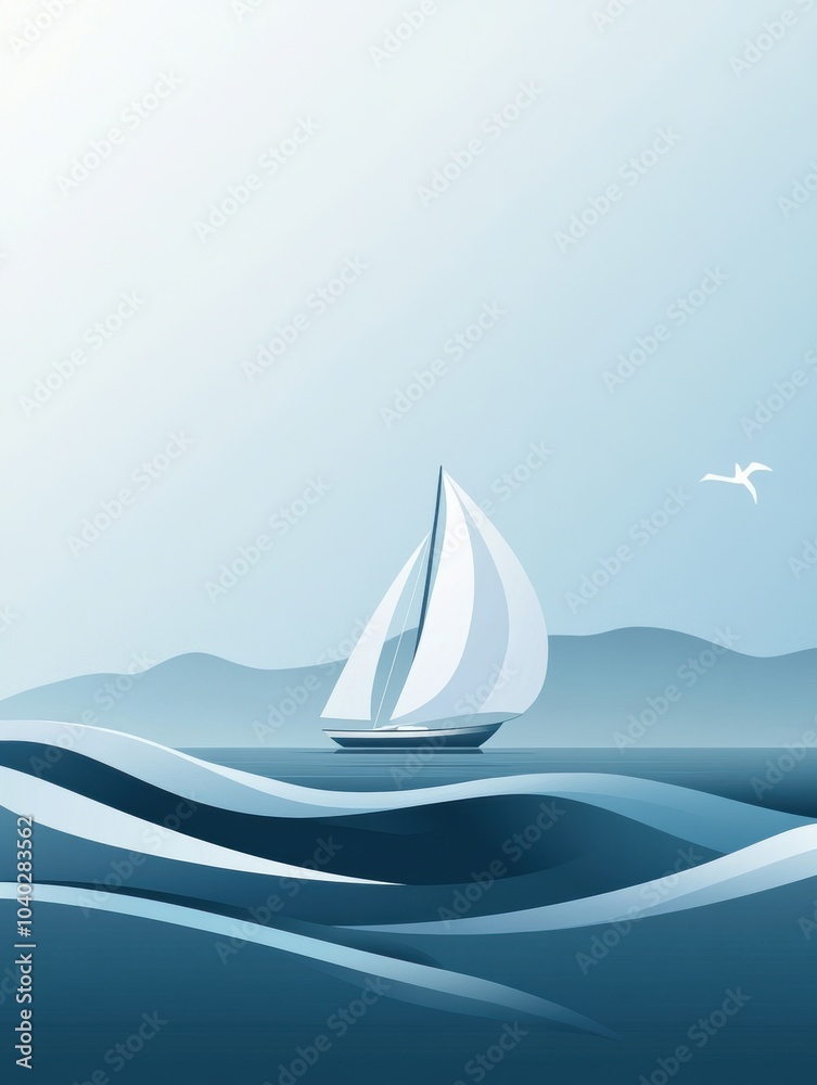 Poster a graceful sailboat navigates tranquil waves, enjoying a calm day on the water with minimal distract